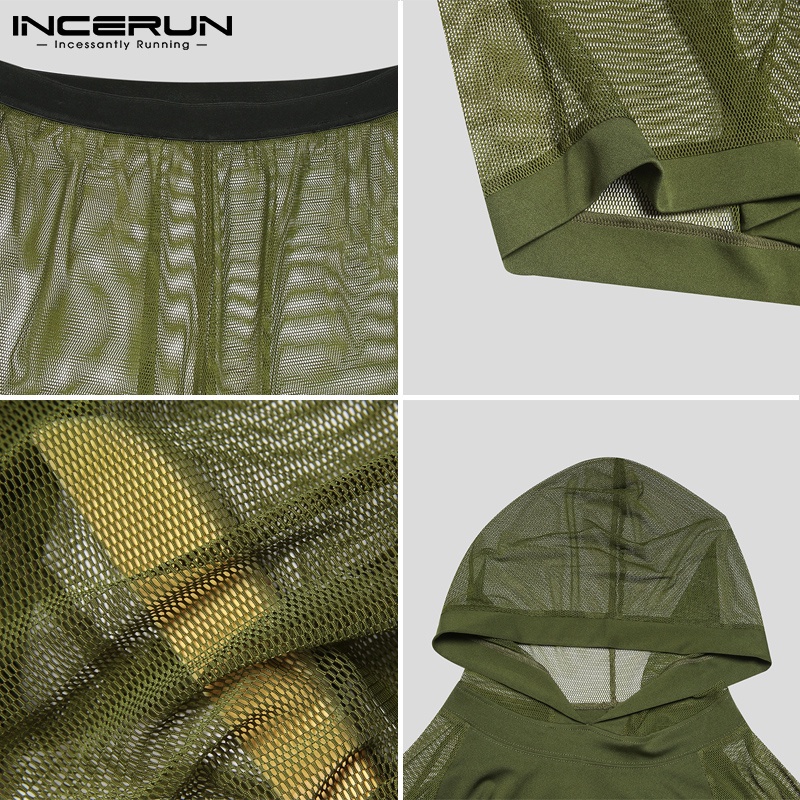 Set đồ thời trang INCERUN gồm áo croptop dài tay có mũ trùm đầu + quần short dạng lưới trong suốt cho nam