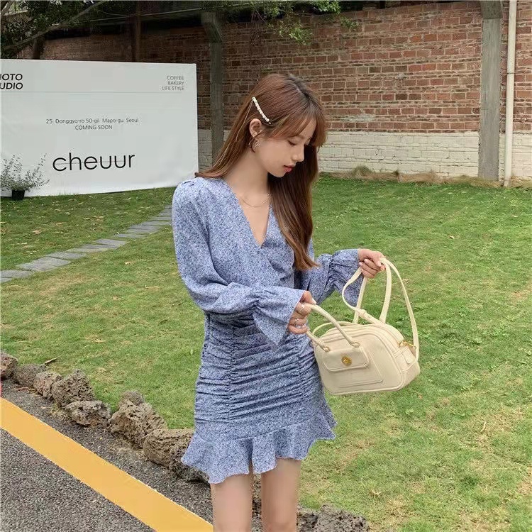 Đầm PERTY cổ chữ V họa tiết hoa phong cách Hàn Quốc thời trang mùa hè xinh xắn dành cho nữ