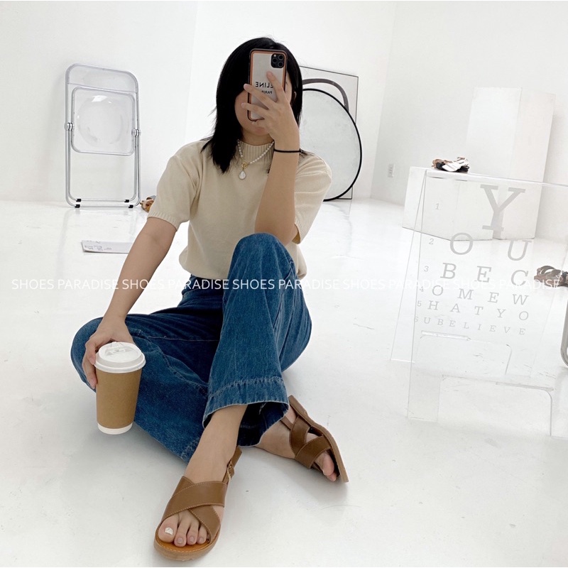 SANDAL CHÉO DA BÒ THẬT SANDAL NỮ ĐẾ BỆT SHOES PARADISE