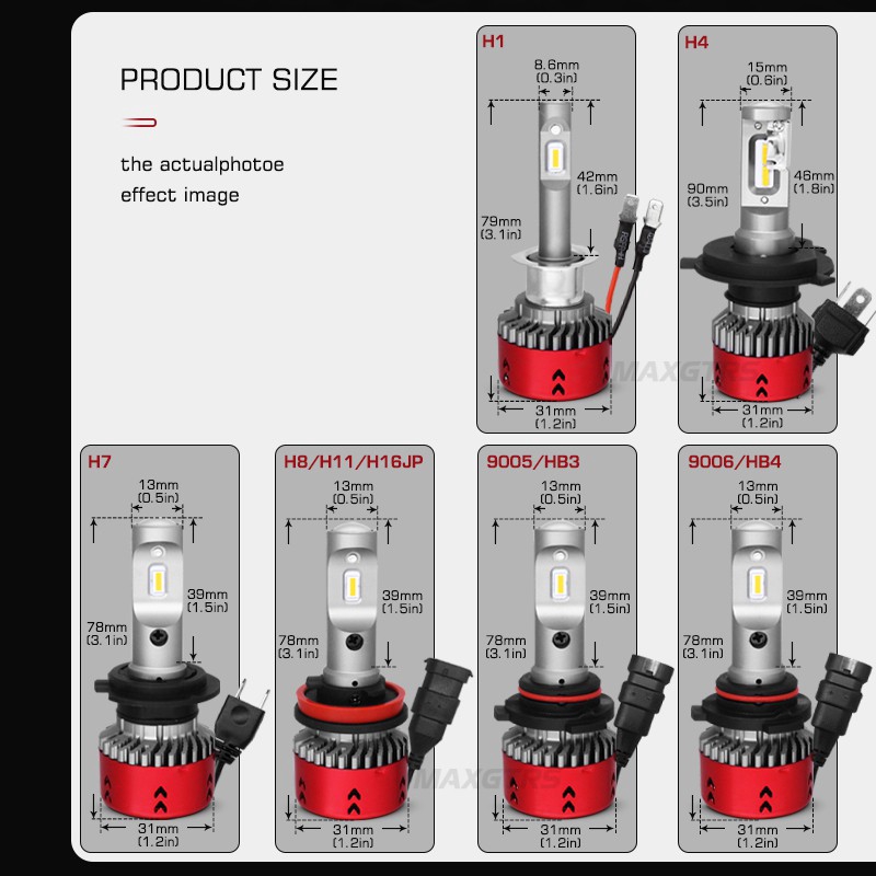 MAXGTRS 2x  Car Headlight H8 H11 H16JP H1 H7 9005 HB3 H4 9003 HB2 9006 HB4 LED