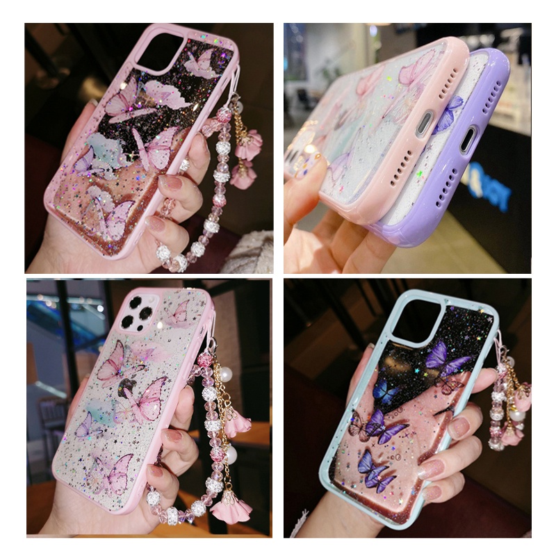 Ốp Điện Thoại Kim Tuyến Hình Bướm Có Dây Đeo Cho iPhone 13 12 11 Pro Max Mini XS Max XR X 6 7 8 Plus SE 2020