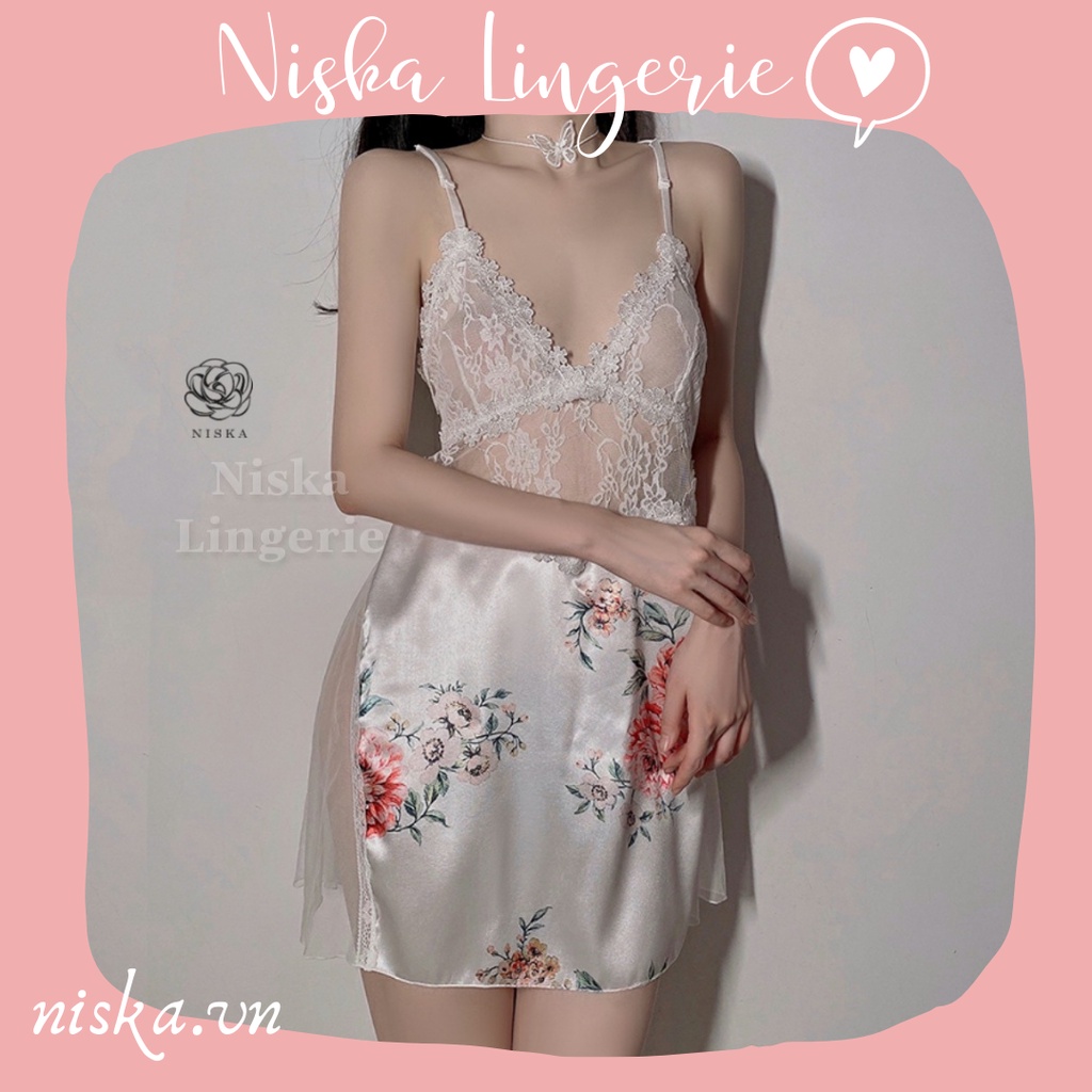 Đầm ngủ satin họa tiết hoa - Mã D278