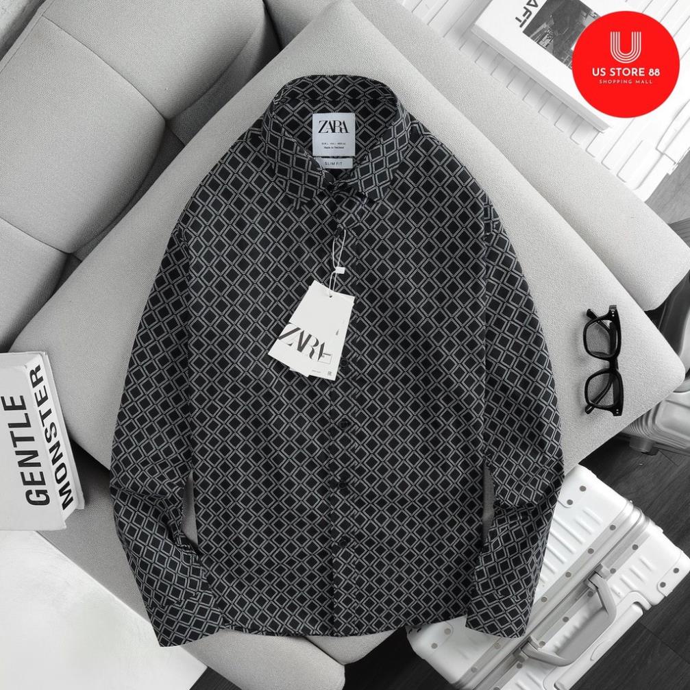 Áo sơ mi nam ZR tay dài họa tiết màu xám đậm vải cotton lụa xuất khẩu cao cấp
