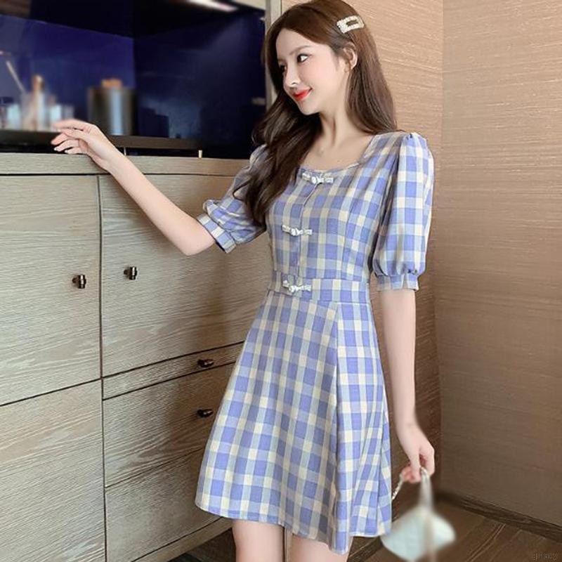 Đầm Chữ A Tay Ngắn Phồng Cổ Vuông Họa Tiết Sọc Caro Phong Cách Retro Pháp Cho Nữ