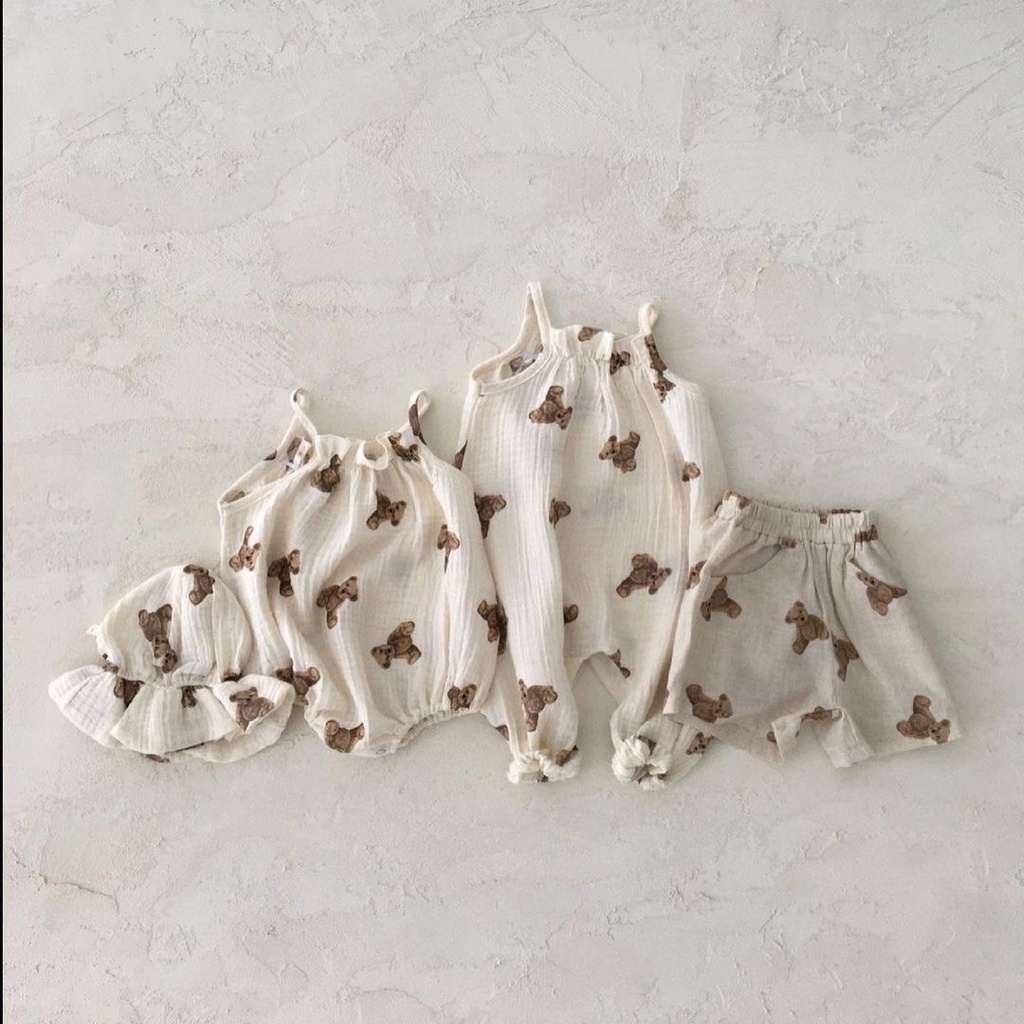 Bộ Áo Liền Quần Hai Dây Hình Gấu Dễ Thương + Nón Thời Trang Mùa Hè Cho Bé Sơ Sinh