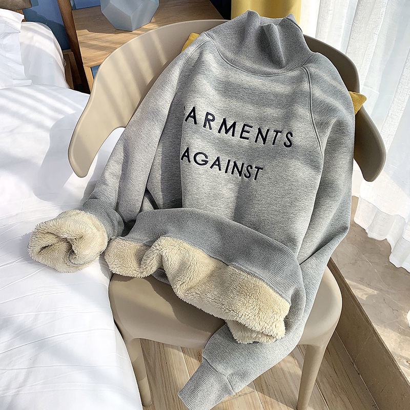 Áo sweater chui đầu cổ lọ dáng rộng phối nhung dày thời trang mùa đông Hàn Quốc 2020 mới