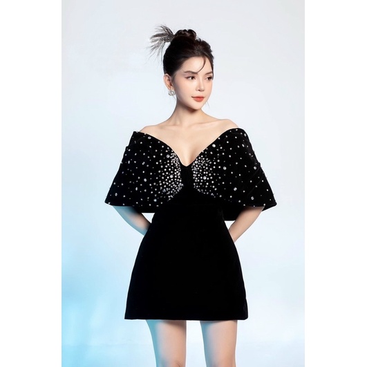 Đầm dáng A TRIPBLE T DRESS chất nhung kết đá pha lê bẹt vai- size S/M/L -MS232Y