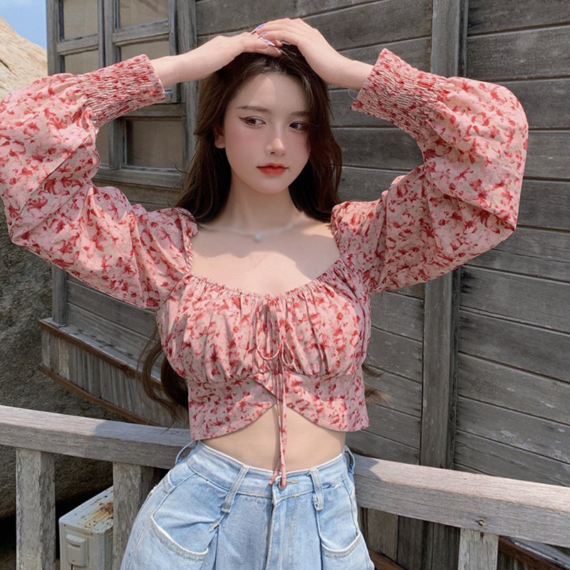 Áo Croptop Dài Tay Chất Voan Hoạ Tiết In Hoa Cho Nữ