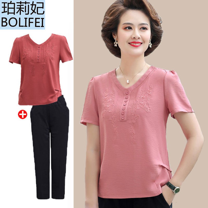 Mẹ mặc voan mùa hè Áo phông, cho phụ nữ trung niên và cao tuổi, một mảnh / suit ngắn tay kiểu mới