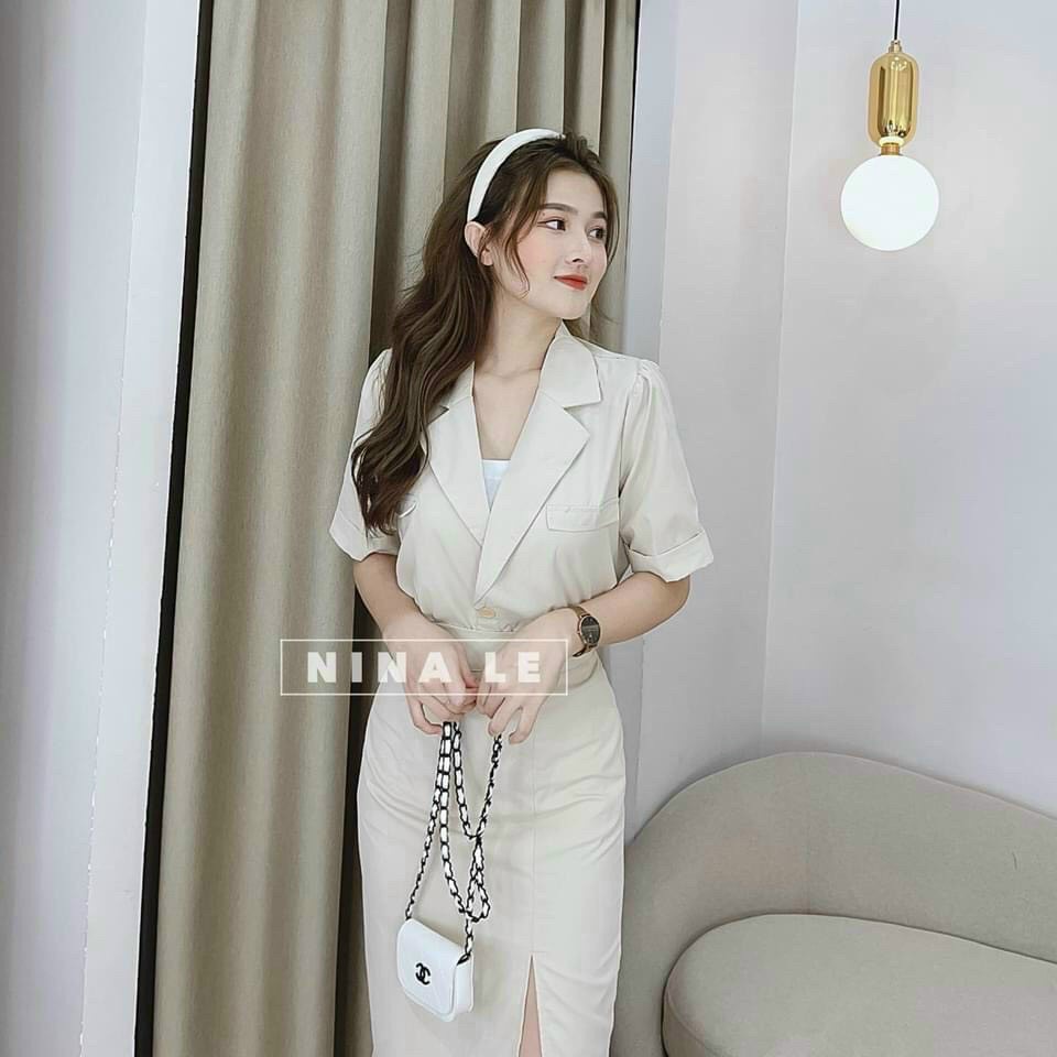 Sét bộ nữ 3 món, áo vest chân váy dài xẻ tà cho bạn nữ