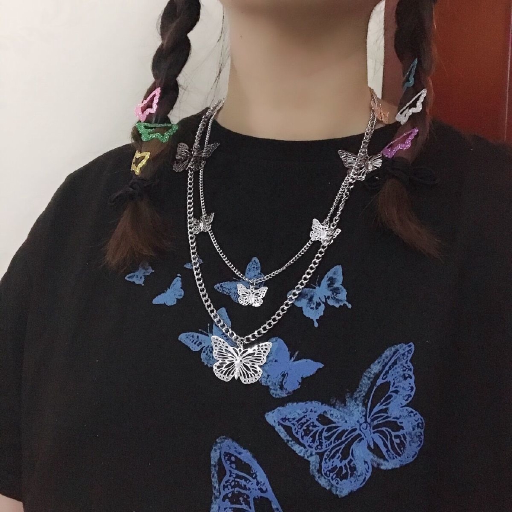 Vòng cổ chuỗi đôi phối mặt hình bướm độc đáo cá tính cho nam và nữ