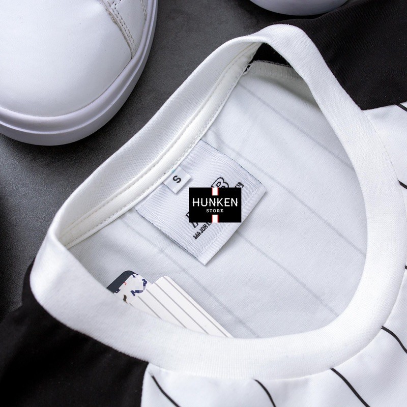 Áo thun nam cổ tròn M.L.B tay ngắn in sọc phối logo phong cách thể thao, chất cotton xuất xịn chuẩn form - HunKen Store