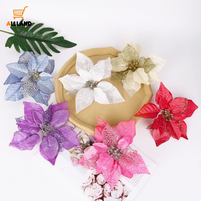 Bộ 5 Bông Hoa Nhân Tạo Viền Bột Vàng Nhiều Lớp Dùng Trang Trí Cây Thông Giáng Sinh