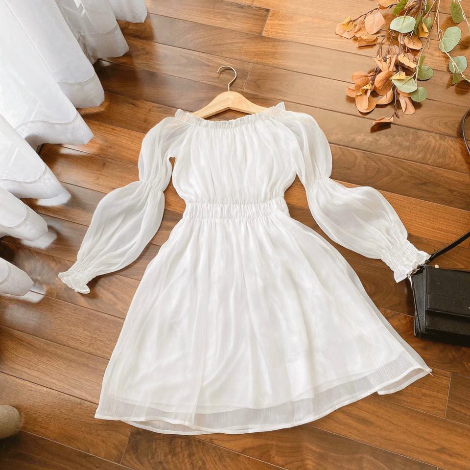 [Mã SKAMA06 giảm 8% tối đa 50K đơn 250K] ĐẦM TRẮNG BẸT VAI TAY VOAN BO CHUN | BigBuy360 - bigbuy360.vn