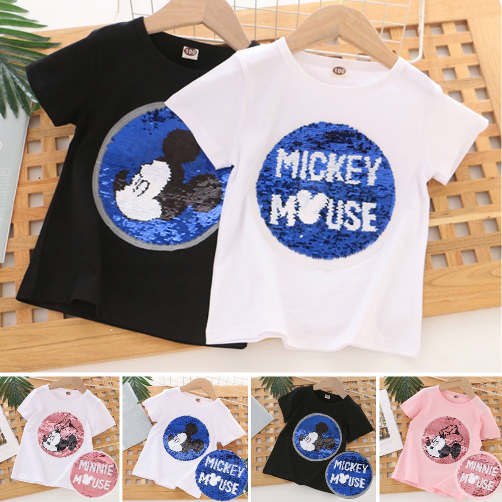 Áo thun Tay Cho Bé Ngắn Mùa Mickey cổ tròn in hình chuột Bé Gái