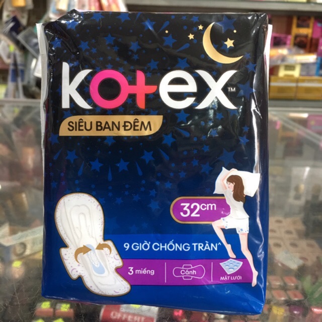 Băng vệ sinh Kotex siêu ban đêm 9 giờ chống tràn - mặt lưới - có cánh - 3 miếng 32cm