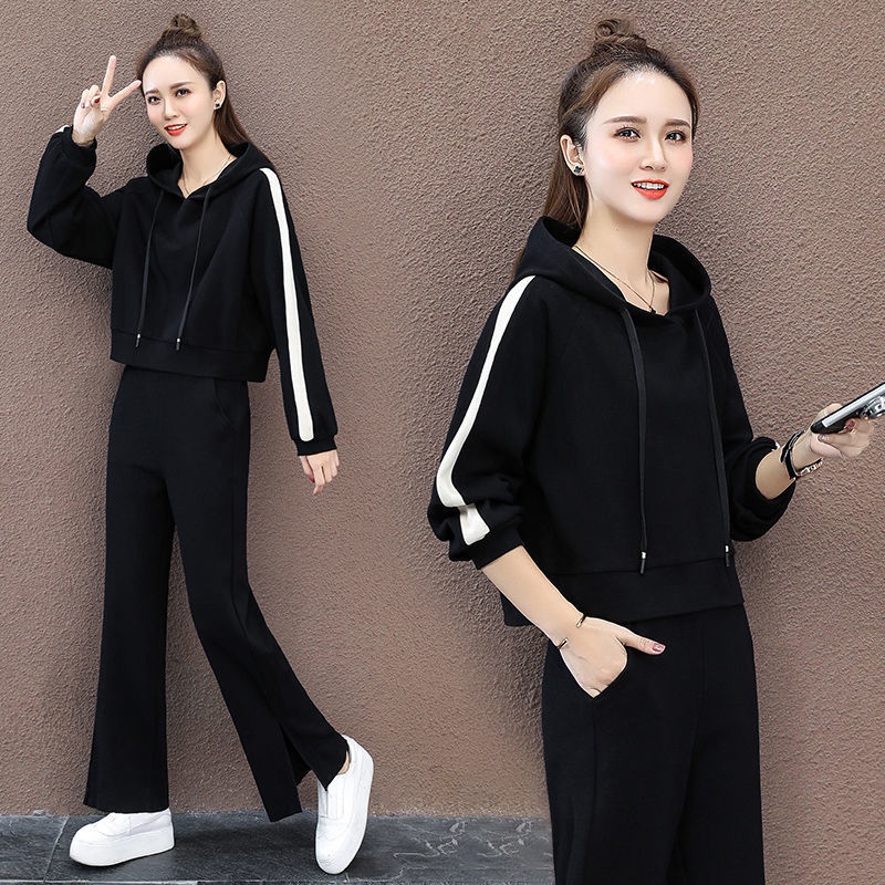 Bộ Đồ Thể Thao Áo Hoodie Dáng Rộng Xẻ Tà + Quần Ống Rộng Thời Trang Hàn Quốc Cho Nữ