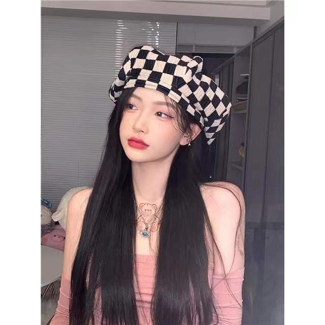 Mũ nồi phối sọc caro phong cách vintage Hàn Quốc