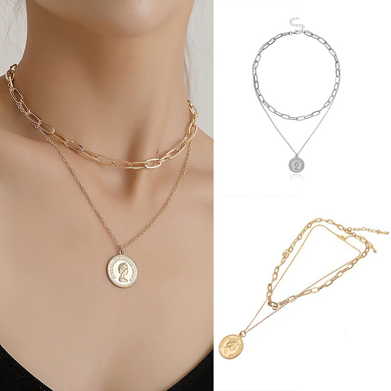 Dây chuyền nhiều lớp mặt hình đồng xu trẻ trung thời trang cho nữ