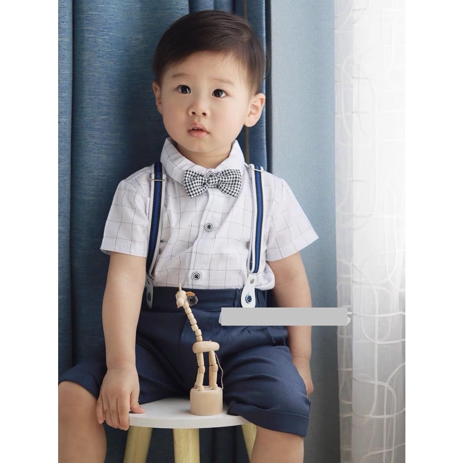 (Hàng cực đẹp) Set bộ bé trai body công tử hè kèm quần kẻ sọc có đai bodysuit bé trai mặc thôi nôi đầy tháng
