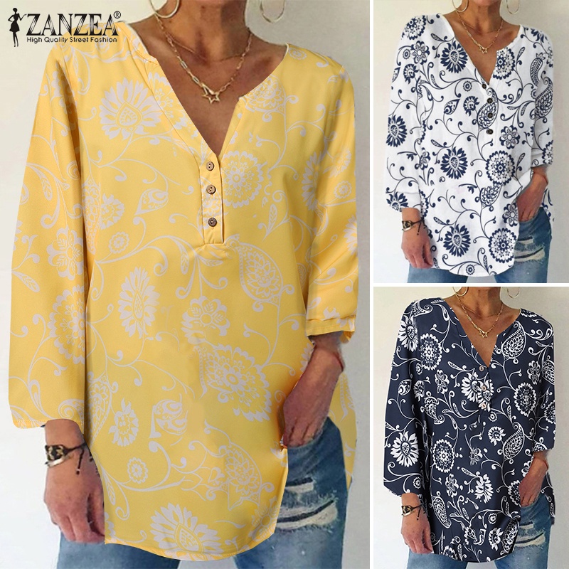 Áo sơ mi ZANZEA cổ V tay dài in hoa thời trang cho nữ