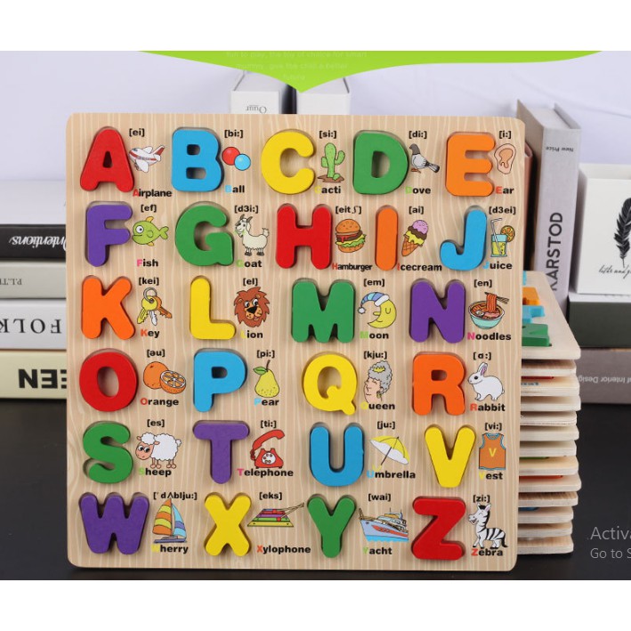 Bảng chữ cái Tiếng Anh bằng gỗ in nổi kèm hình ảnh sinh động - Đồ chơi gỗ xếp hình cho bé