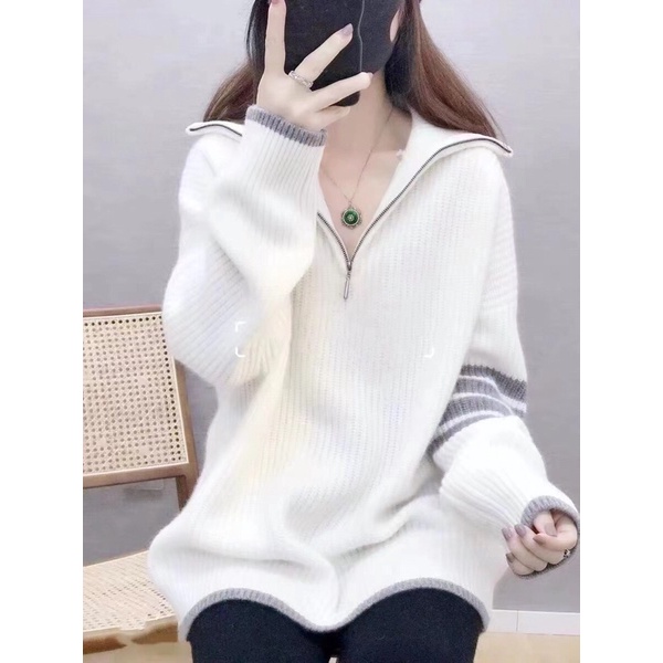 Áo len nữ cổ cao có khoá kéo thương hiệu Thom Browne cao cấp chất liệu mềm mại và thoáng khí