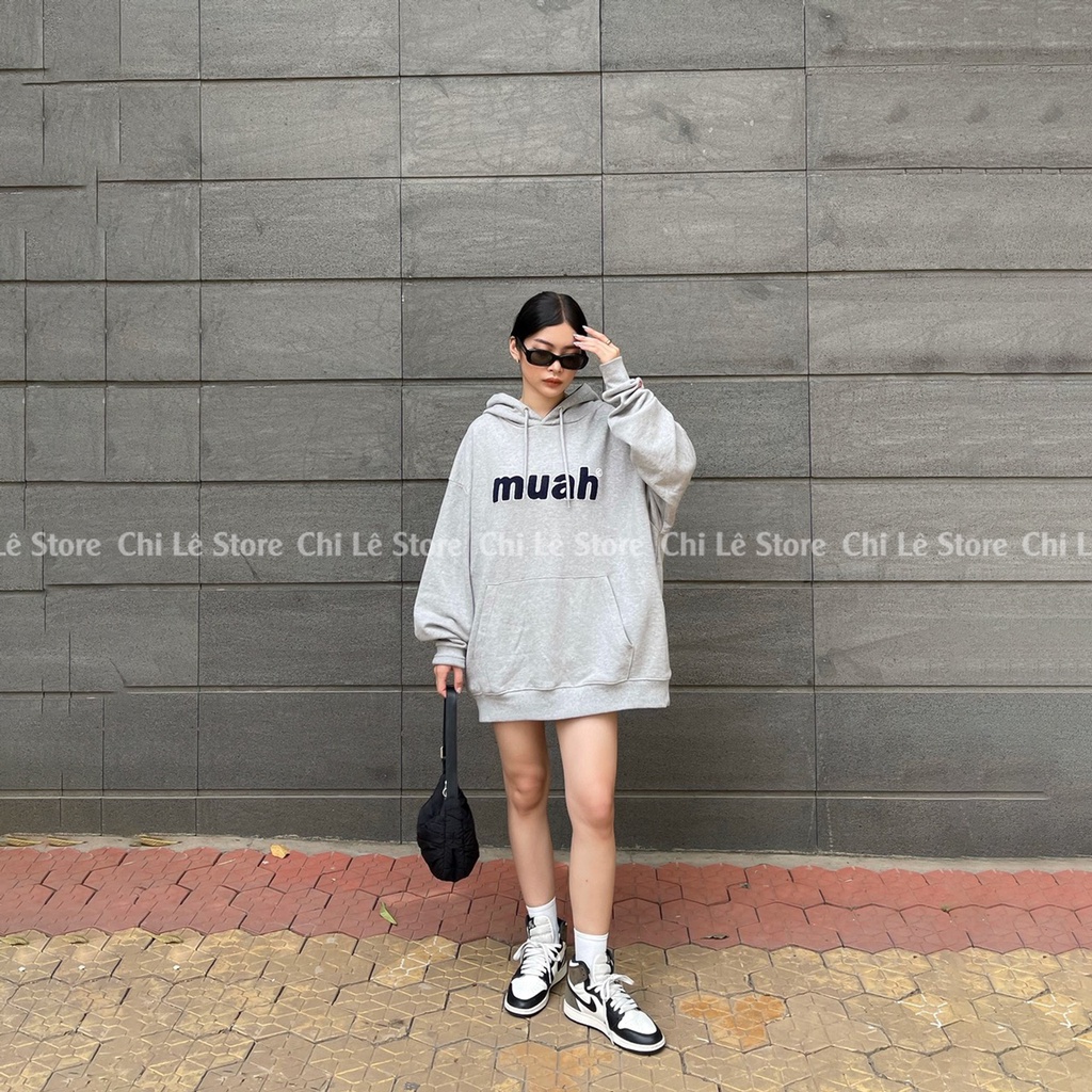 Áo hoodie Muah muah thêu logo  xuất Hàn màu xám dây kéo Unisex nam nữ
