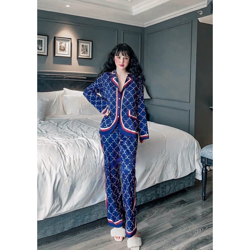 Pijama tay dài quần dài cô V E S T silk không xước 4 cao cấp quảng châu
