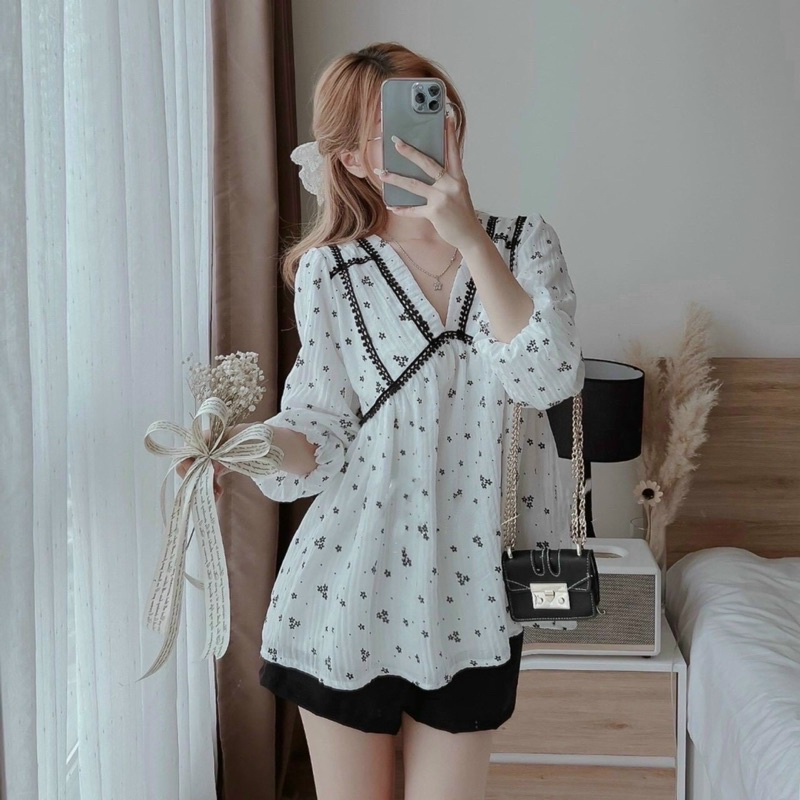 Set babydoll viền hoa ren kèm quần short TH