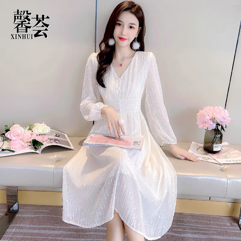 Đầm xoè cúc bọc vải tơ kim sa Quần áo công sở nữ