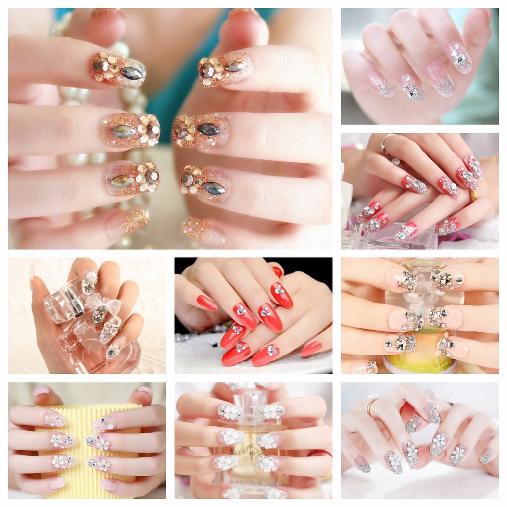 Set 24 Móng Tay Giả Đính Đá Trang Trí Toàn Diện Cho Cô Dâu
