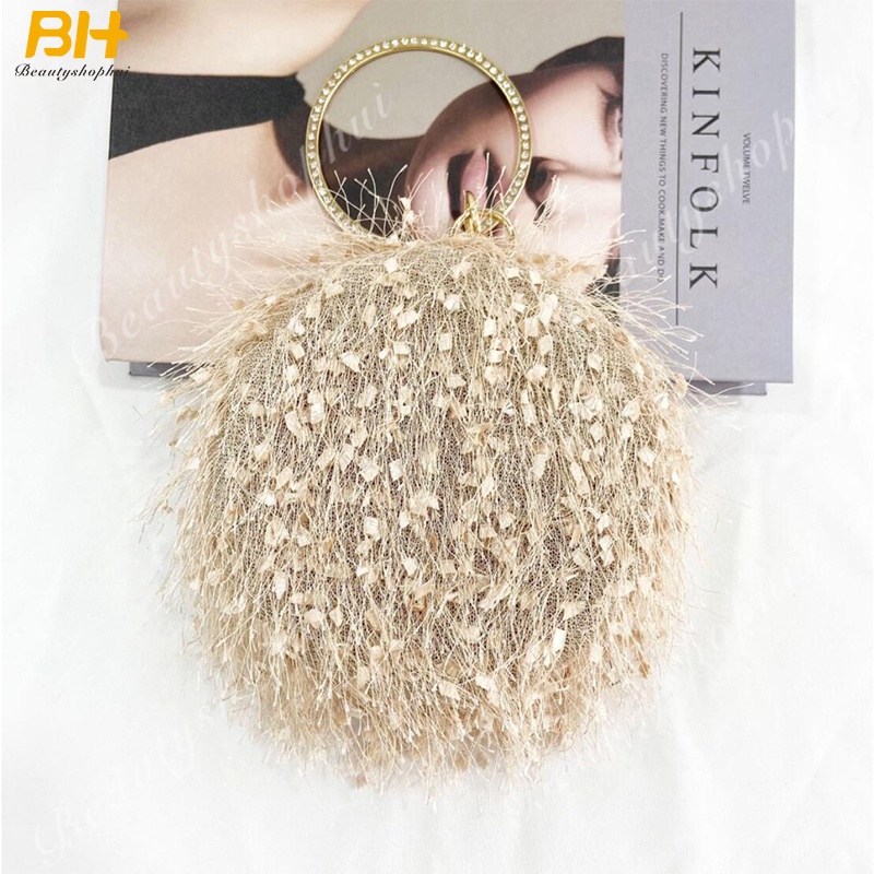 Ví cầm tay hình tròn phối tua rua thời trang dự tiệc