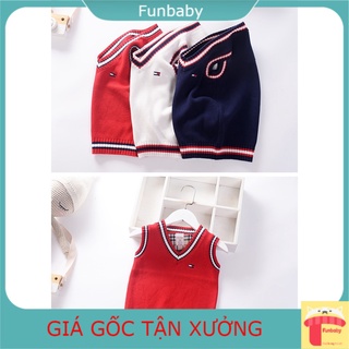 Áo len gile cho bé cổ tim viền kẻ 3-8 tuổi thêu logo ngựa. Gile len bé trai phong cách Hàn Quốc sợi không bai xù