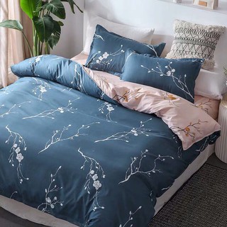 Full Set Bộ Drap giường CottonChần Bông Họa Tiết Nhánh Hoa Xanh Cam m4x2m - m8x2m