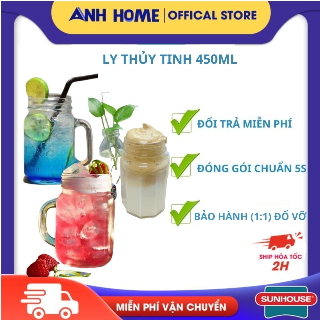 ( HCM - SHIP 2H) Ly cốc thủy tinh ANH HOME 450ml cao cấp sang trọng dễ thương có quai có nắp dùng quán nước uống cà phê