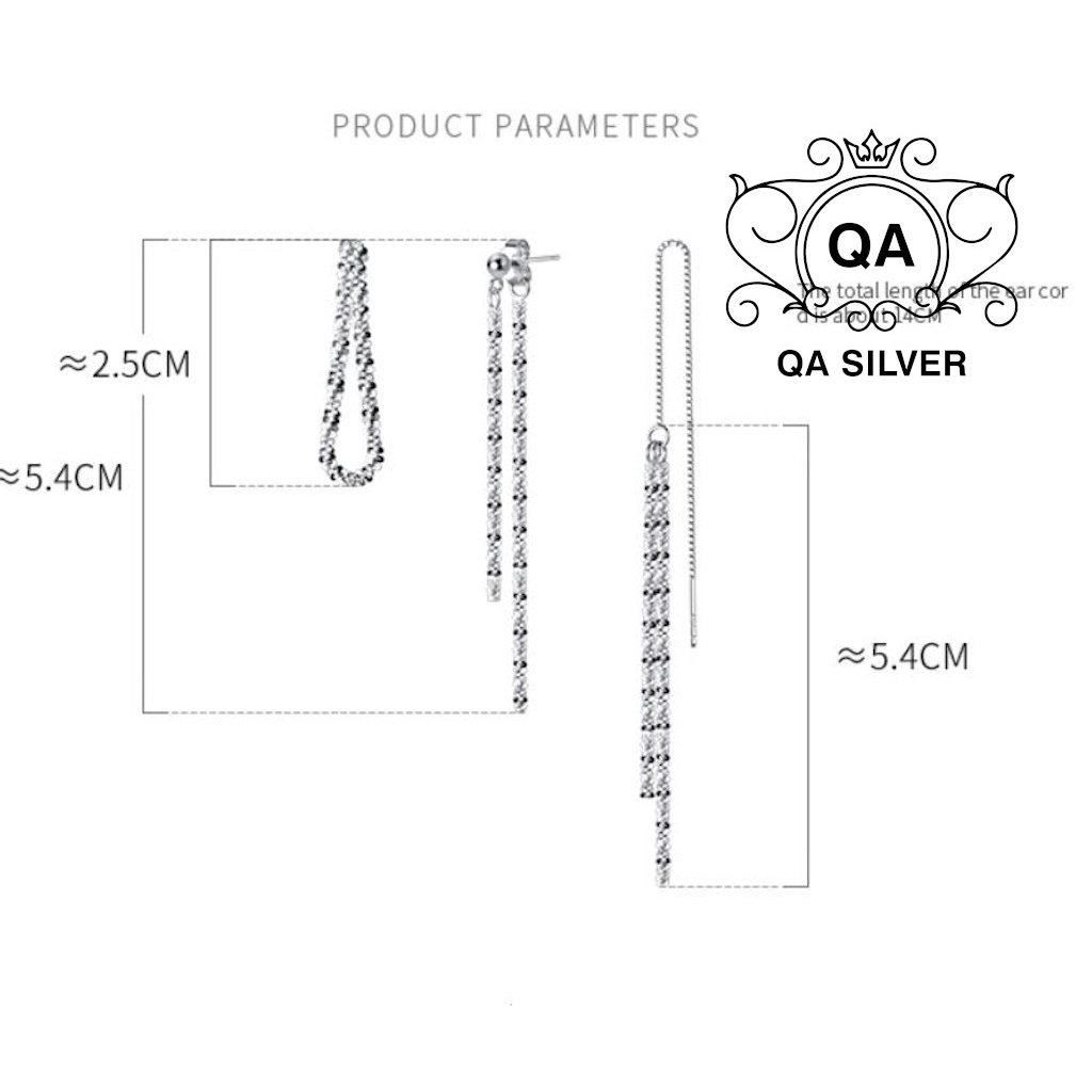 Khuyên tai bạc 925 dài tua sequin bông nữ trước sau front back S925 CHAIN QA Silver Earrings EA220801
