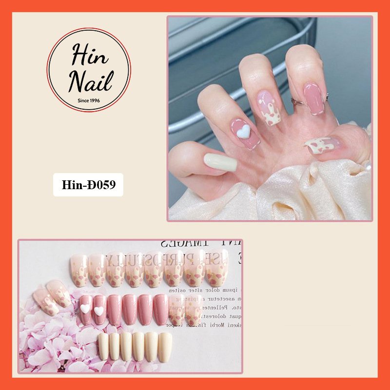 móng giả đính đá đính nơ form dài màu hồng họa tiết nổi bật