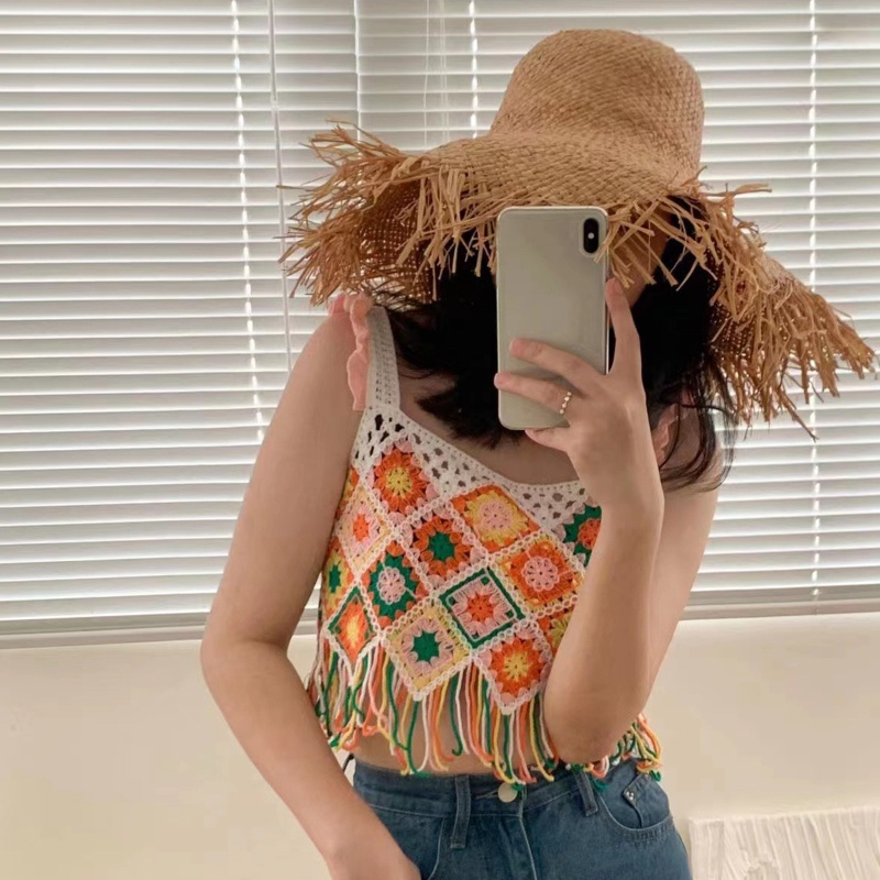 Xiangbao Áo Crop Top Dệt Kim Đan Móc Hình Học Tua Rua Màu Cầu Vồng Thích Hợp Đi Biển