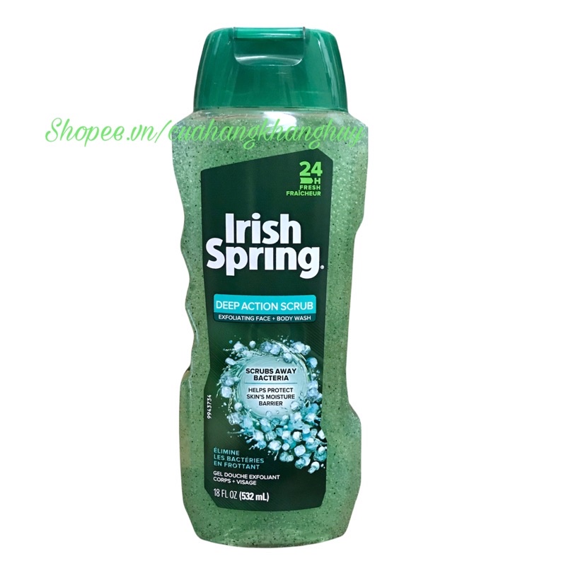 Sữa tắm có hạt và tẩy da chết cho mặt Irish Spring Deep Action Scrub 532 ml của Mỹ (Mẫu Mới)