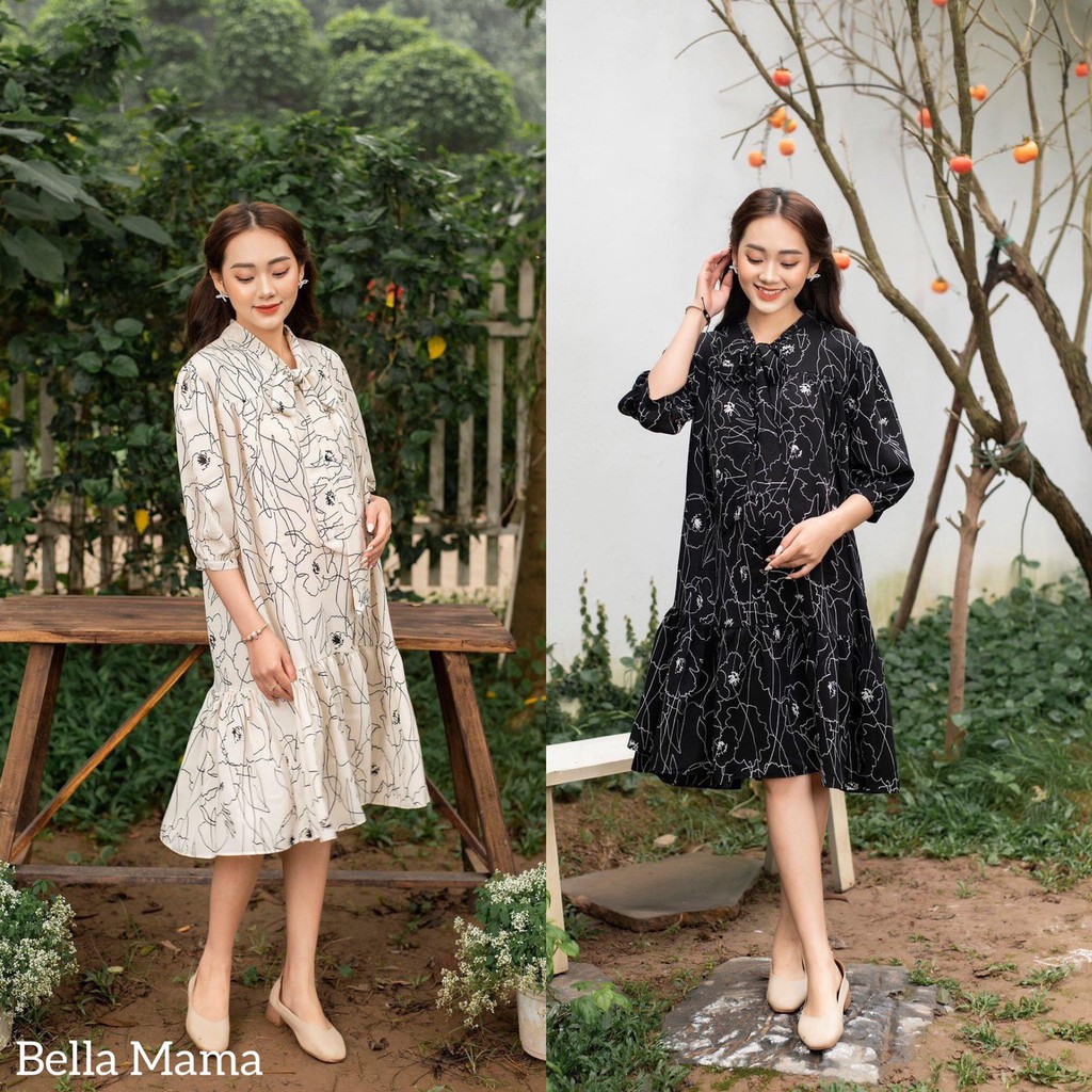 Váy bầu thiết kế lụa Hàn hoạ tiết phối dây nơ Bella🌸 Đầm bầu nữ mùa hè | 2 màu Đen Trắng 🌸 Size cho mẹ bầu từ 47-85 kg