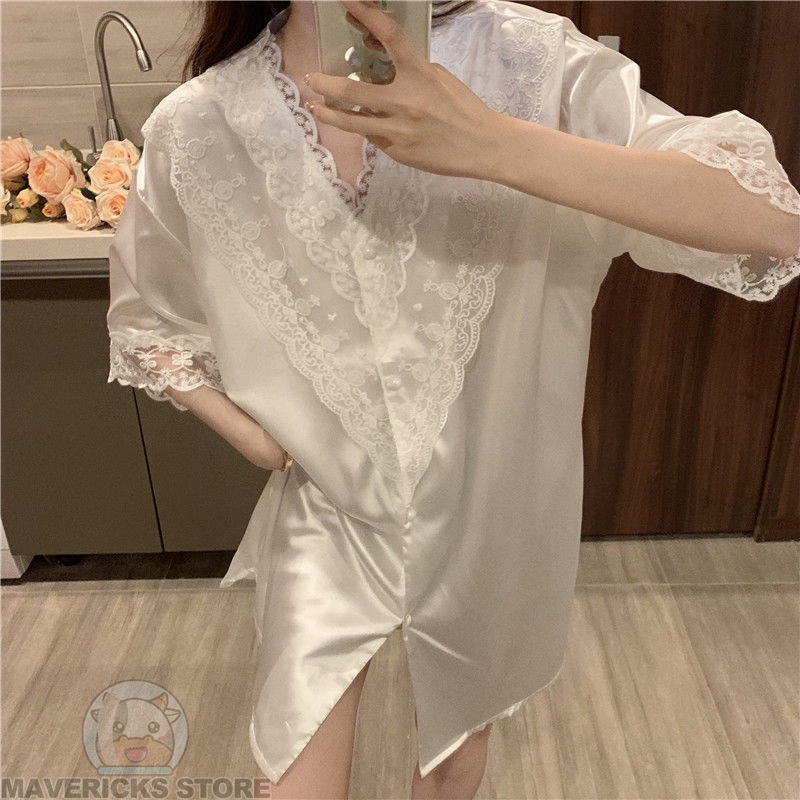 Đầm Ngủ Tay Ngắn Chất Lụa Thời Trang Mùa Hè Quyến Rũ Cho Nữ