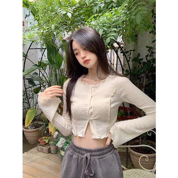 Áo Croptop Cổ Tròn Dài Tay Cúc Bọc Cài Chun Chất Thun Xốp Co Dãn - Hanju