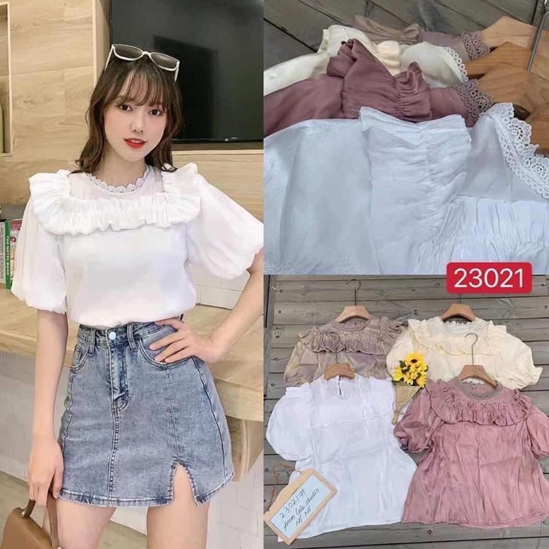 Áo kiểu chất tơ bóng cổ bèo tay phồng cao cấp