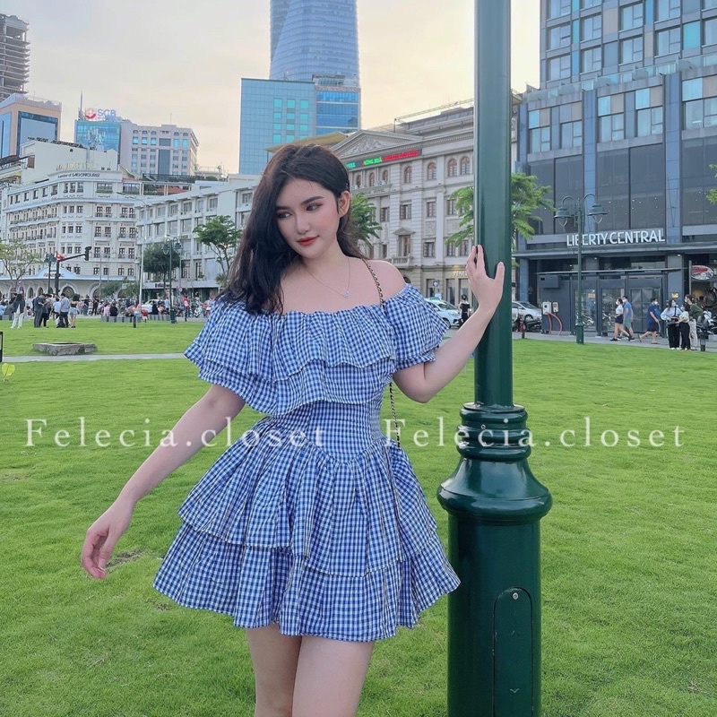 Váy Xinh Caro Xanh Trễ Vai - Váy Tầng Dáng Xoè Ulzzang Style (Hàng Loại 1)