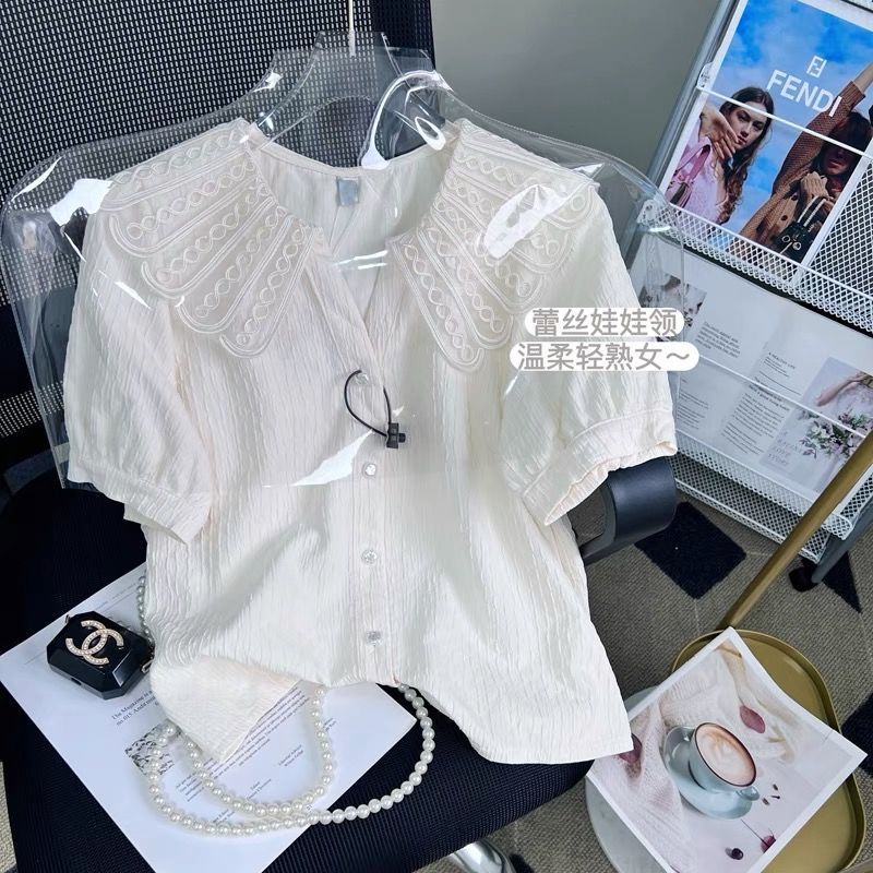 [Juxxi] Áo Chiffon Mỏng Tay Ngắn Cổ Búp Bê Phối Ren Thiết Kế Chất Lượng Cao Cho Nữ  tao bao