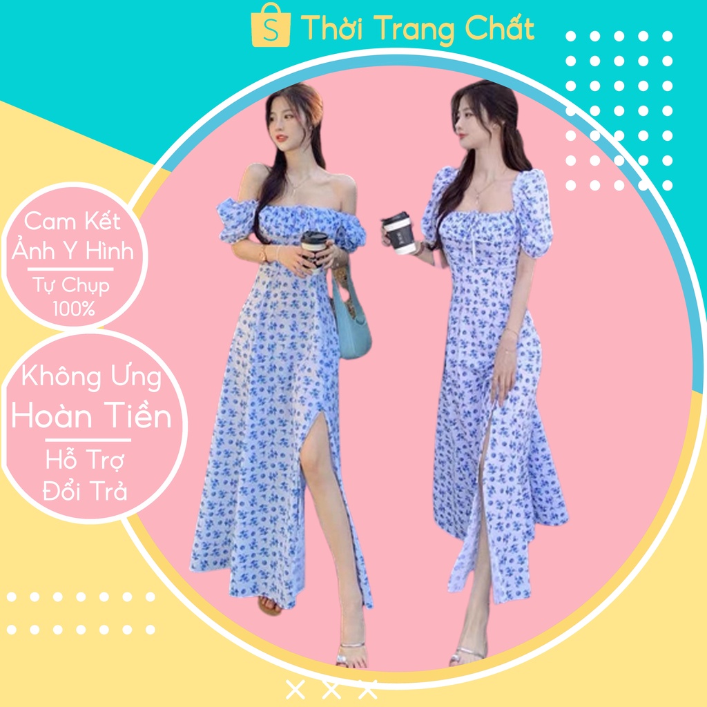 Váy maxi đi biển xẻ cao sexy đi biển, Đầm nữ cổ vuông tay phồng dáng dài qua gối thiết kế dự tiệc sang chảnh