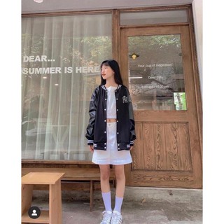 ÁO BOMBER PHA TAY DA NY - ÁO KHOÁC DA BOMBER TAY BÓNG CHÀY NEW YORK 03 PHỐI NỈ KHUY BẤM