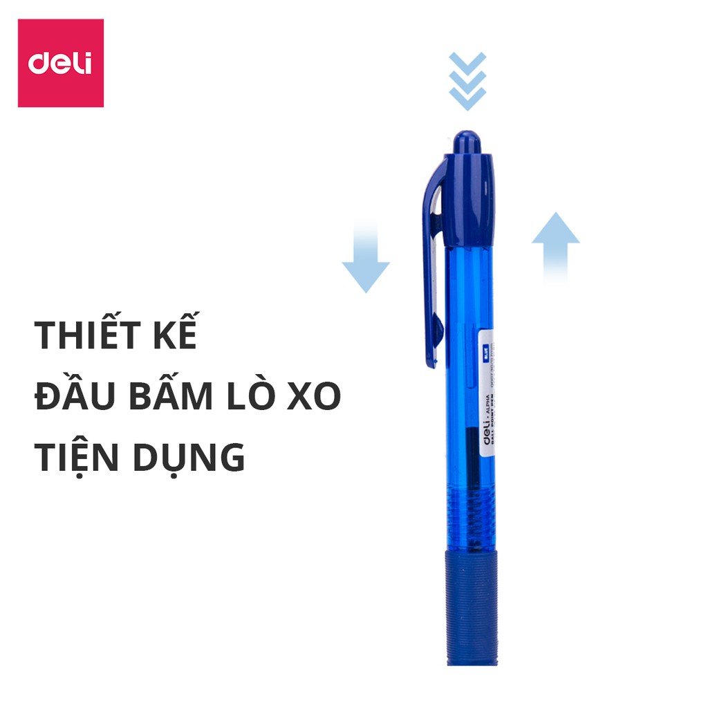 Bút bi dầu đầu bấm ngòi 0.7mm Deli mực xanh đen nét viết đều đệm tay cao su chất lượng cao phù hợp học sinh văn phòng