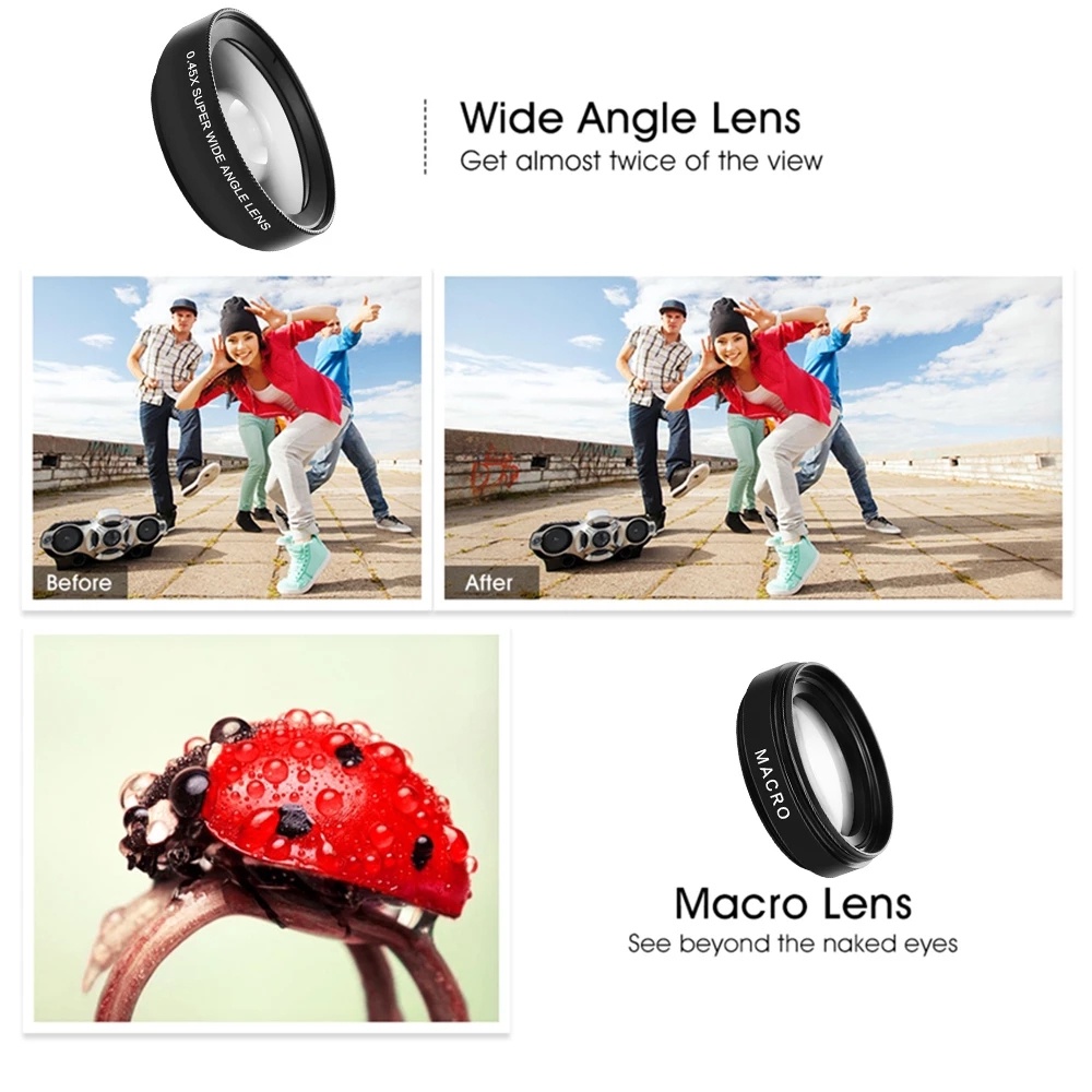 Lens chụp ảnh cho điện thoại 2 in 1 Set ống kính 0.45x góc siêu rộng & ống kính macro 12.5x có kẹp gắn dùng cho điện thoại